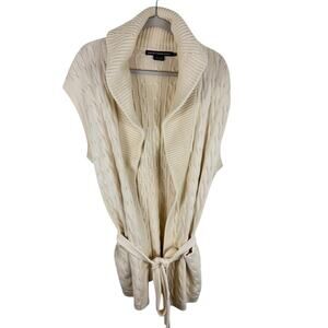 Ralph Lauren Sport 100% Cotton Cream Sleeveless Cable Knit Cardigan Belted Sz L
